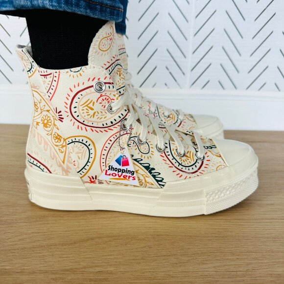 ⭐Converse Chuck 70 Plus Hi 9.5 Women Shoes Beige Floral Paisley Sneakers A08172C - Picture 3 of 11